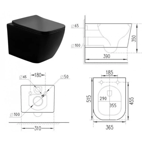 Чорний безободковый підвісний унітаз DUSEL CUBIS Black Matt DWHT10201030RB без бачка - фото 3