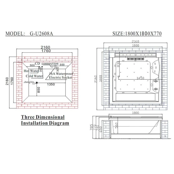 Гідромасажна ванна Golston G-U2608A вбудована, 1800х1800х770 мм - фото 6