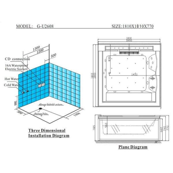 Гідромасажна ванна Golston G-U2608L лівостороння, 1810x1810x770 мм - фото 7