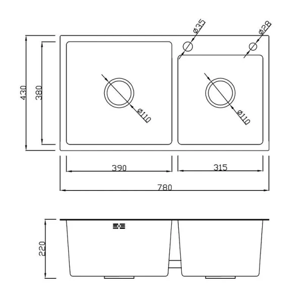 Мийка кухонна з нержавіючої сталі SS304 DS50878-2RNB 780*430*220 Right (Nano Black) - фото 9
