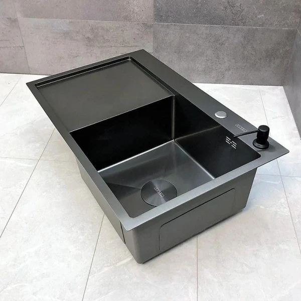 Мийка кухонна з нержавіючої сталі Dusel DS50963-2RNB 630*500*230 Right (Nano Black) - фото 12